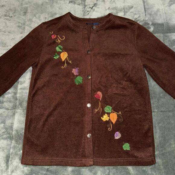 Chicos Cardigan Sweater Womens Small Brown Embroidered Leaf Button Front Teacher - Picture 9 of 9